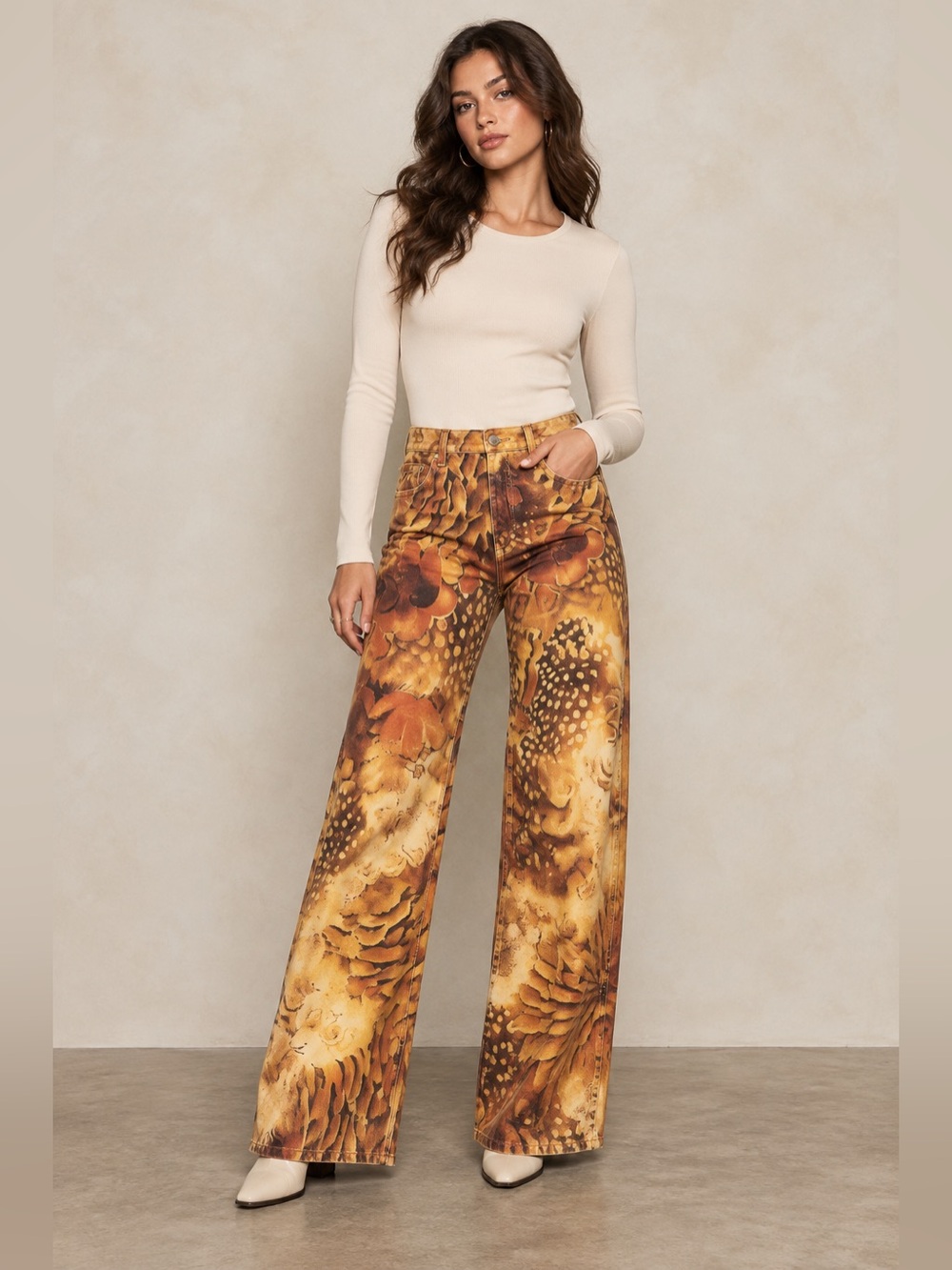 Sand Flower Pattern Print Wide Leg Jeans – Boho Western Floral